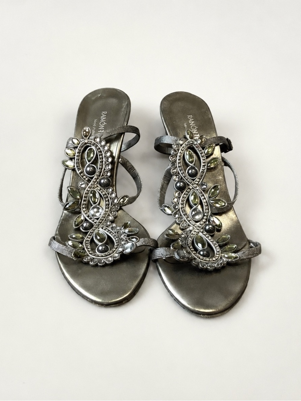 Vintage Ramon Tenza Metallic Embellished Sandals Gunmetal Y2K